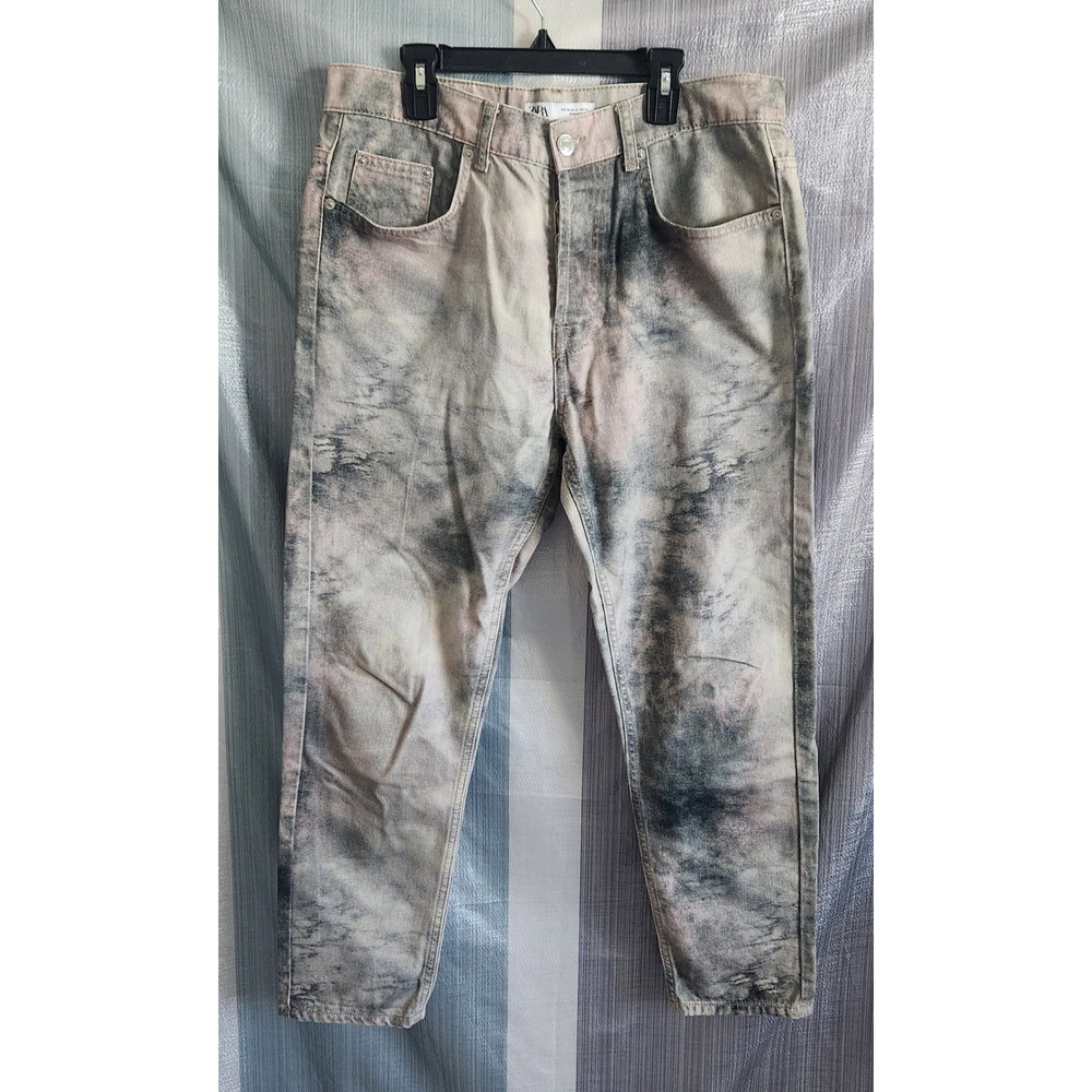 Zara Man Premium Denimwear Acid Wash Tie‎ Dye Tapered Jeans Muted Green Tones 31